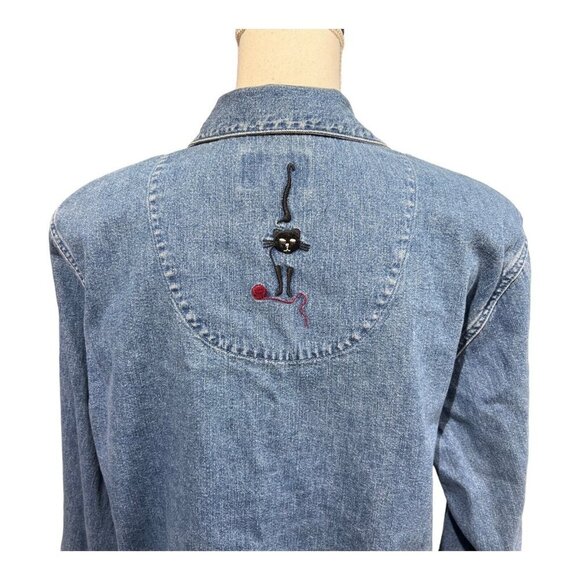 CJ Banks L Denim Shirt Embroidered Cat Kitty‎ Button Down Crazy Cat Lady Casual - Picture 5 of 10